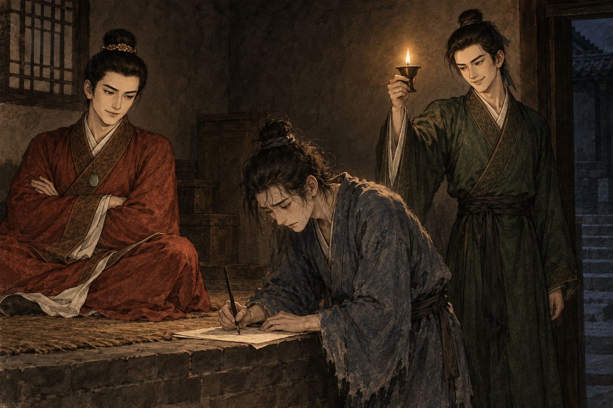 He came back to Xifeng, and she set a second trap in an empty room behind her apartment. In the dark he grabbed the person waiting for him, until Jia Qiang's lamp showed it was Jia Rong on the kang. Threatened with exposure, Jia Rui signed an IOU for fifty taels to each of them. Then, crouching under the terrace steps, he was drenched with a bucket of filth.