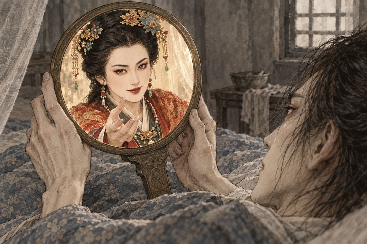 Lovesick, in debt and weakened by cold, he wasted away. A lame Taoist gave him a mirror that showed images on both sides. He warned him to look only at the back. The back showed a skeleton. The front showed Xifeng beckoning, and Jia Rui went in to her again and again, until chains came for him. He died holding the mirror, the side he chose facing him.