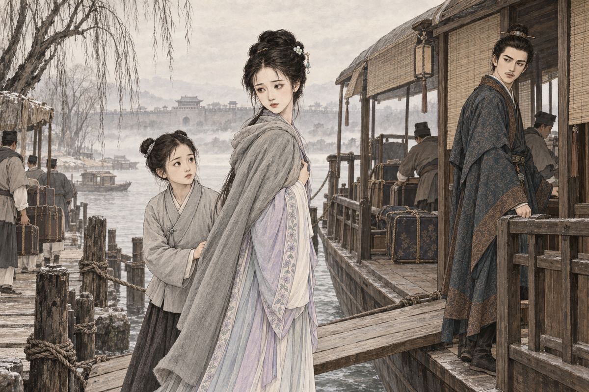That winter a letter came from Lin Ruhai. He was gravely ill and wanted his daughter home. Grandmother Jia got Daiyu ready in a hurry and sent Jia Lian to escort her and bring her back afterwards. Baoyu was miserable but could not come between a father and his daughter. Jia Lian and Daiyu took their leave and boarded a boat for Yangzhou.