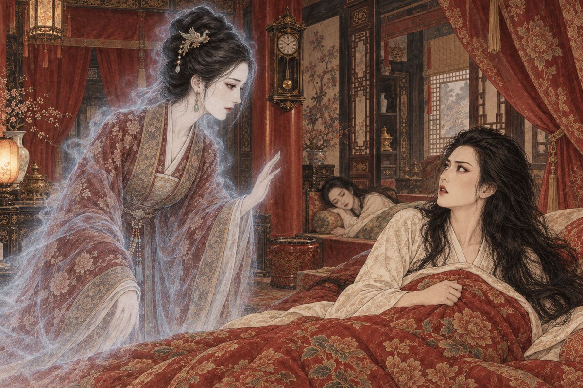Late one night, with Jia Lian away in Yangzhou, Xifeng dreamed that Qin Keqing came to say goodbye. She warned that the family had flourished for a hundred years and would one day fall: buy land near the ancestral graves, so the rites and the school could survive a ruin. A great celebration was coming, she said, but it would last only a moment.