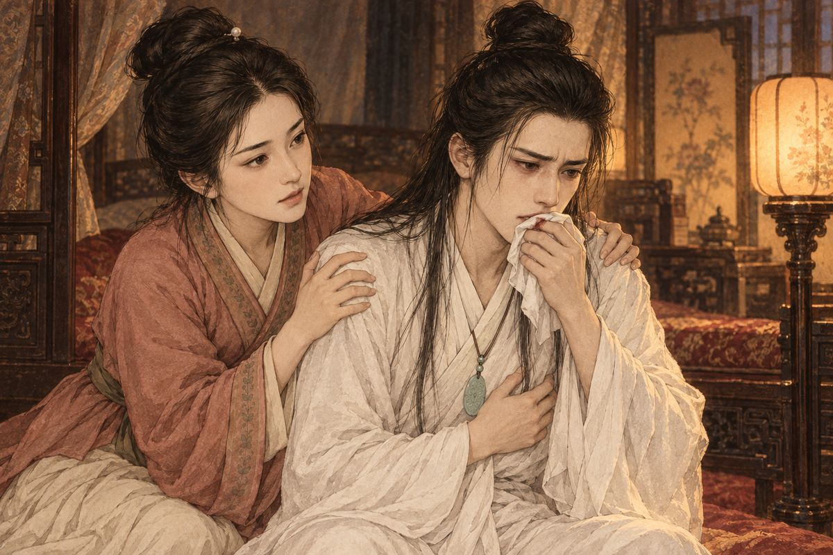 Baoyu had gone to bed early, lonely since Daiyu left. When he heard in his sleep that Keqing was dead, he felt as if a knife had gone into his heart, and he coughed up a mouthful of blood. Xiren rushed to hold him up, but he insisted it was nothing and demanded to go to the Ning mansion at once.