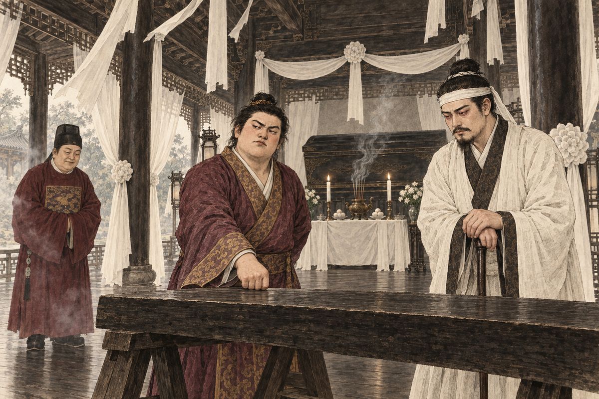 Jia Zhen wept as though he had lost more than a son. "I'll spend everything I have," he said. Rites were held for forty-nine days by 108 monks and ninety-nine Taoists; Xue Pan gave him coffin planks meant for a disgraced prince, which Jia Zheng thought too grand; and Zhen paid the eunuch Dai Quan 1,200 taels to buy Jia Rong a rank.