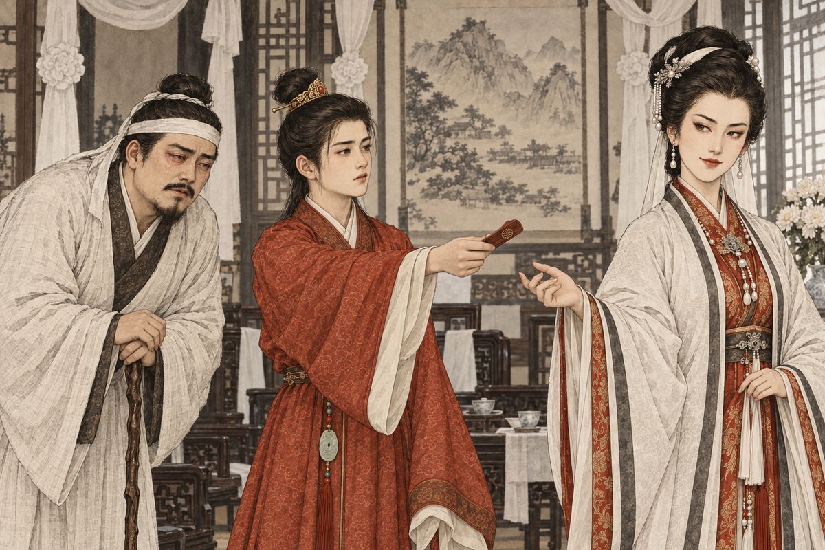 With You-shi ill in bed, Jia Zhen had no one to run the women's side. On Baoyu's suggestion he came, leaning on a cane, and begged Xifeng to take charge for a month. Lady Wang hesitated, but Xifeng was eager. Jia Zhen handed over the Ning tally token, and Baoyu pressed it into her hands.