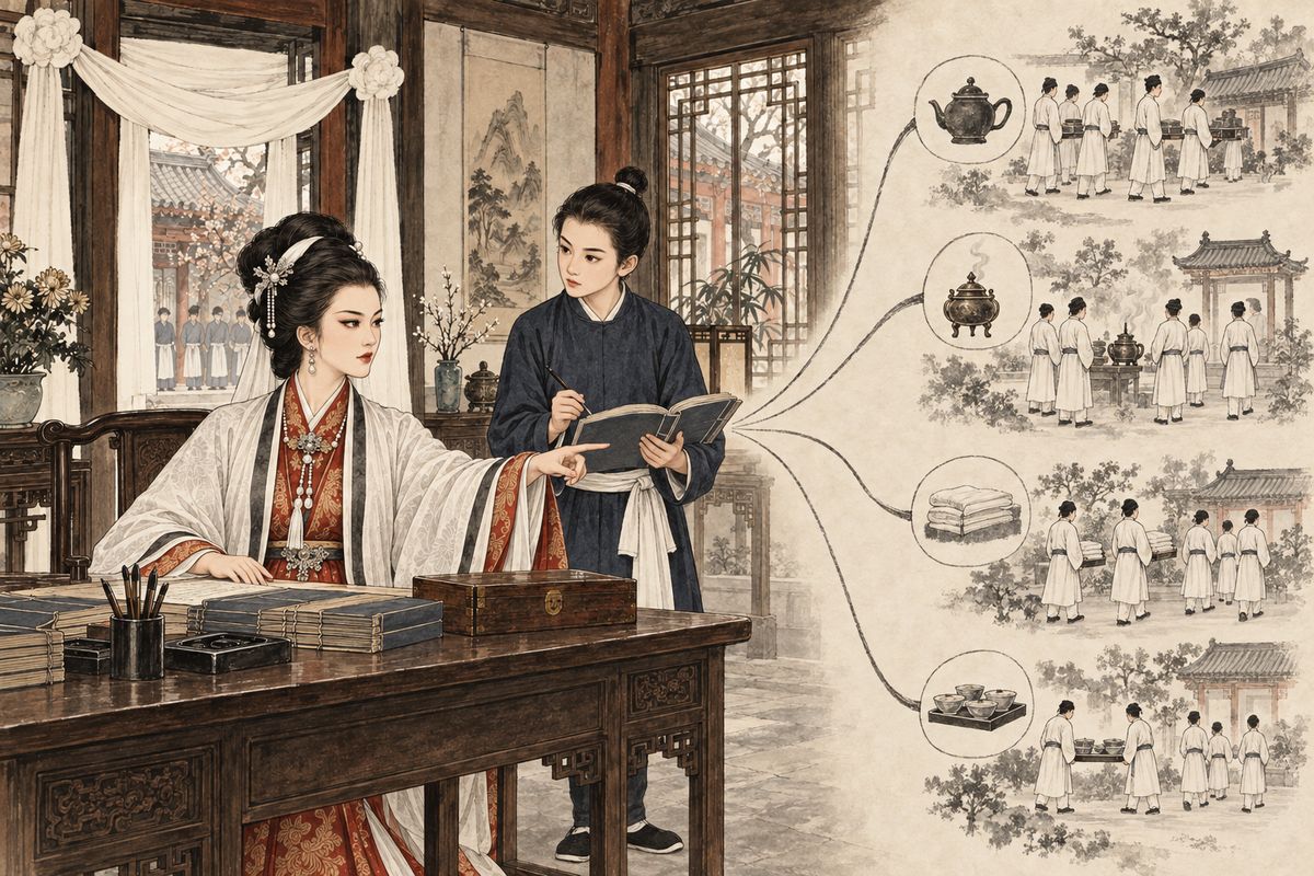 At dawn the next day Xifeng called the Ning servants in one by one from the register. Each group got one job only: serving tea, keeping the altar, guarding the cups and dishes, keeping the lamps, the night watch. Anything lost would be paid for by whoever was in charge, and she set fixed hours for the roll call and for collecting tallies.