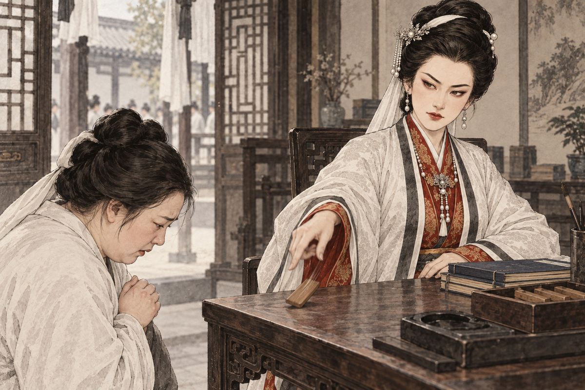 On the fifth day of the fifth week, one woman who greeted guests arrived late. She begged to be let off once, but Xifeng refused: if she forgave the first, no one could be managed. "Take her out and give her twenty strokes!" She threw down the tally, docked the woman a month's pay, and after that the whole mansion feared her.