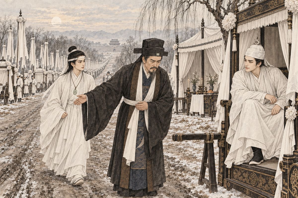 On the day of the burial the procession stretched for miles, full of dukes, marquises and their heirs. At the fourth roadside pavilion, the young Prince of Beijing, Shui Rong, waited in mourning white and greeted the Jia men as old family friends. Then he asked Jia Zheng which of them was the boy born with jade in his mouth, and Baoyu was sent for.