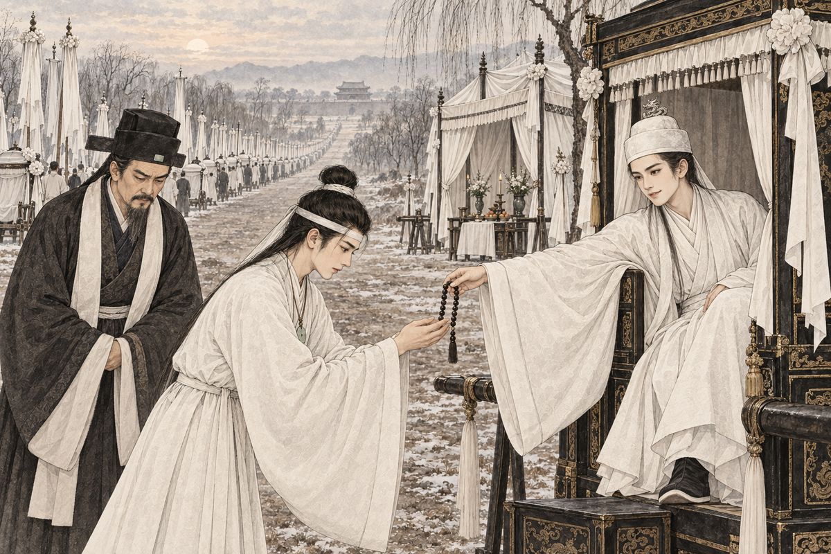 On the funeral road, the Prince of Beijing reached from his sedan chair to take Baoyu's hand. He studied the jade and warned Jia Zheng not to let the boy be spoiled. Then he slipped a string of fragrant beads from his own wrist, a gift from the Emperor, and gave it to Baoyu as a first-meeting present.
