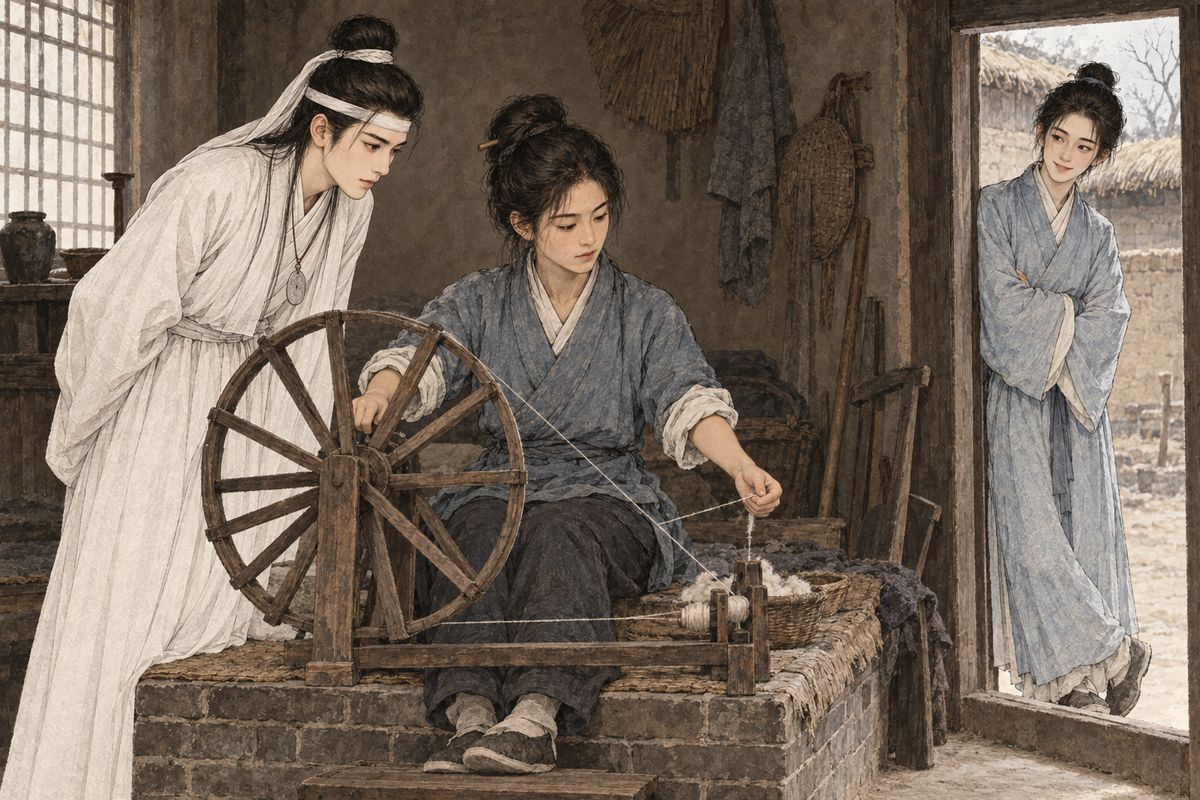 When Xifeng stopped at a farmhouse to rest, Baoyu wandered among ploughs and hoes he had never seen. He was turning a spinning wheel for fun when a village girl ran in: 'Don't break it!' She sat and spun for him until an old woman called her away. Baoyu watched her go, and felt the day go flat.