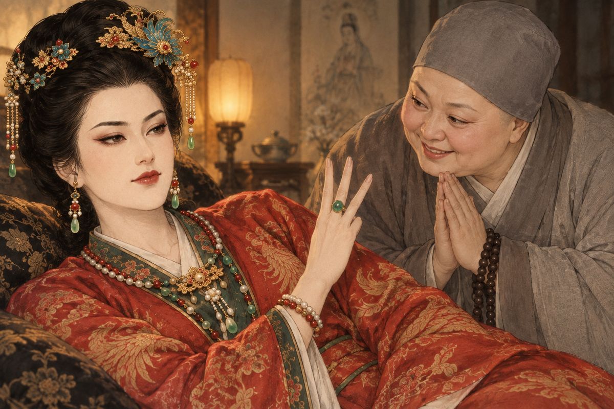 That night at Water Moon Convent, the abbess Jingxu begged Xifeng to break the rich Zhang family's daughter's betrothal to a captain's son. Xifeng refused until Jingxu hinted that the Jias lacked the power. 'I've never believed in hell or retribution,' Xifeng said. 'Have them bring three thousand taels.' A forged letter in Jia Lian's name settled it.