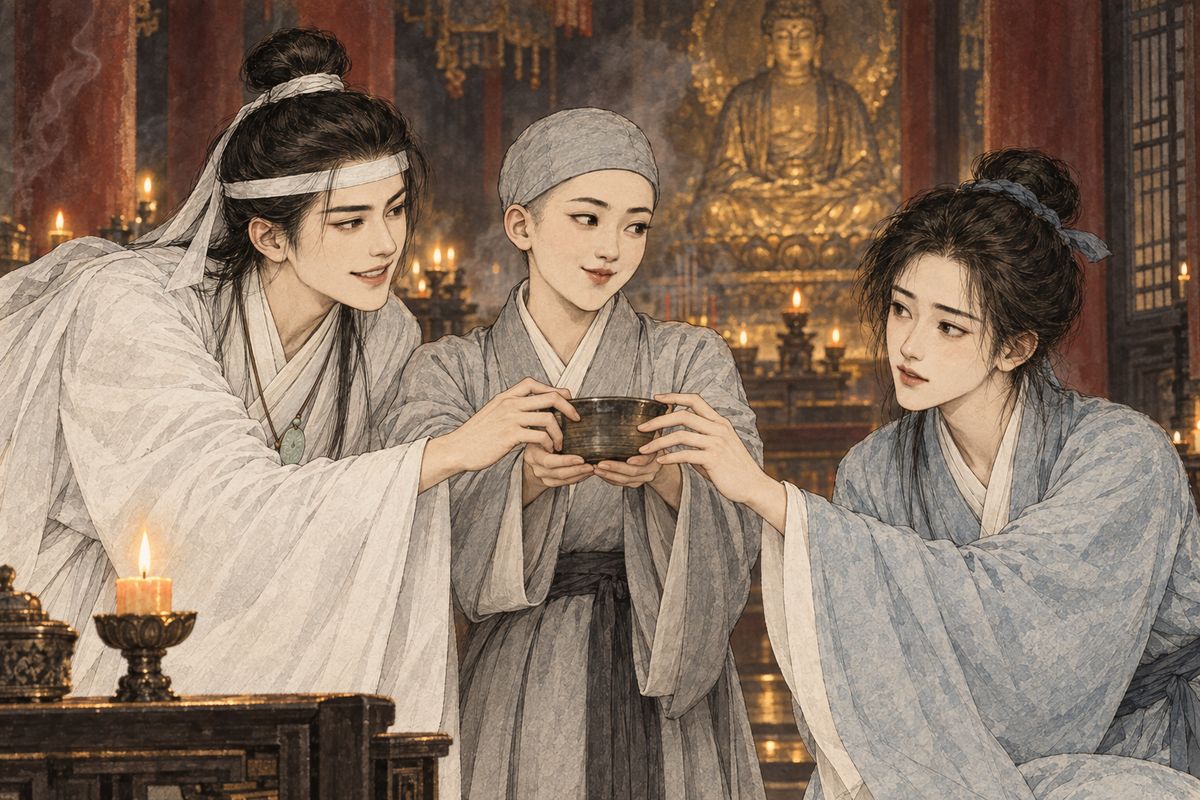 Meanwhile Qin Zhong and the young nun Zhineng had grown sweet on each other. When she brought tea, both boys snatched at the bowl. Later that night Qin Zhong blew out her lamp and pulled her down in the dark, until Baoyu crept in and caught them, laughing. Qin Zhong then talked Baoyu into staying another day.