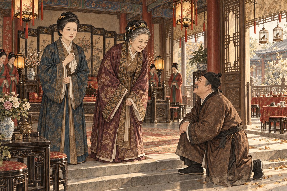 On Jia Zheng's birthday a palace eunuch rode in without any edict, summoned him to court at once, and left. For hours the family waited in dread. Then the steward Lai Da ran in gasping: the eldest daughter, Yuanchun, had been made Worthy and Virtuous Consort. Fear turned to rejoicing, and Grandmother Jia went to court in full dress to give thanks.