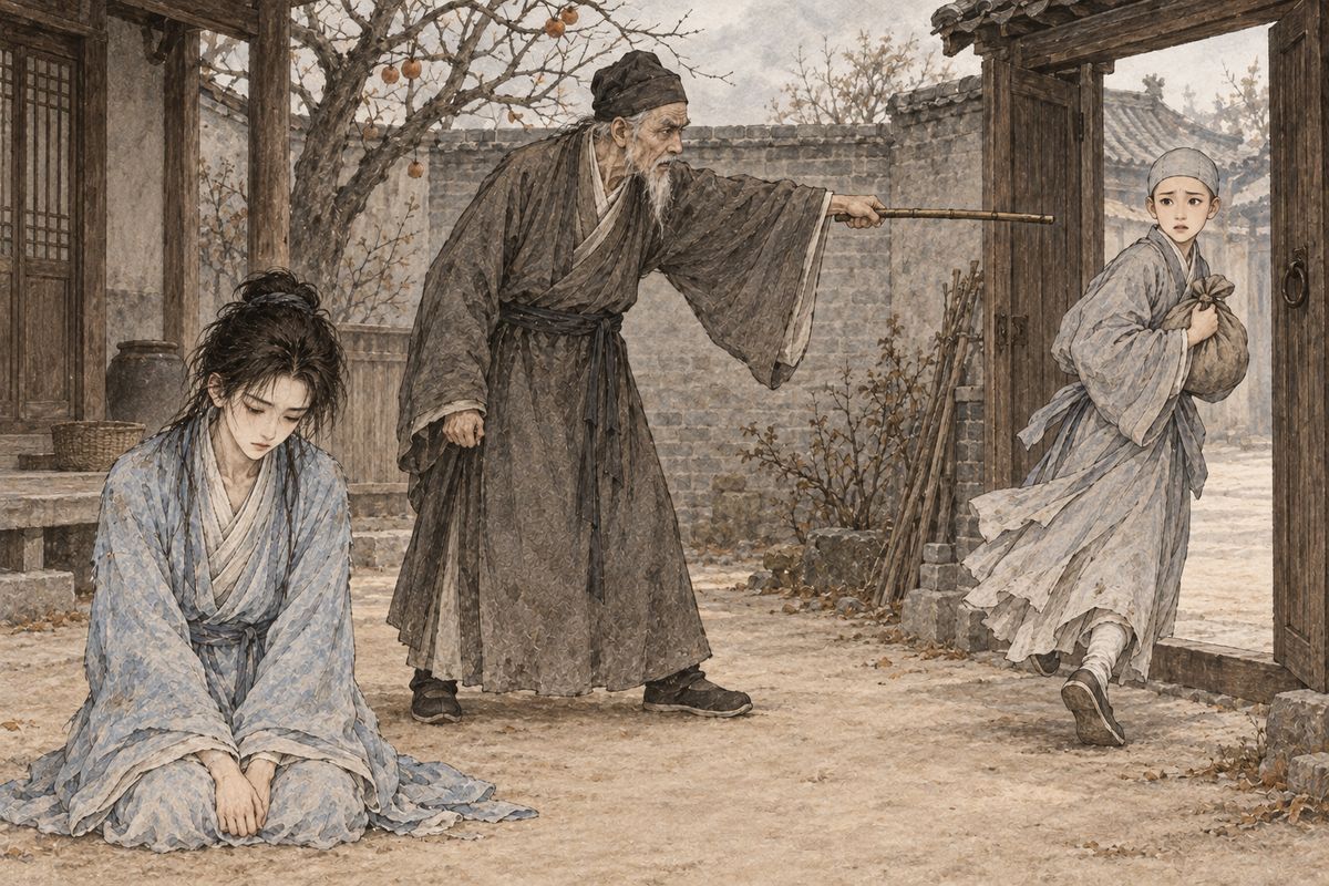 In the middle of the rejoicing, Zhineng ran away from the convent to visit the sick Qin Zhong. His old father found her, drove her out, beat his son, and within days died of rage. Frail and guilt-stricken, Qin Zhong grew worse. Baoyu, sick at heart for him, barely noticed his sister's glory.