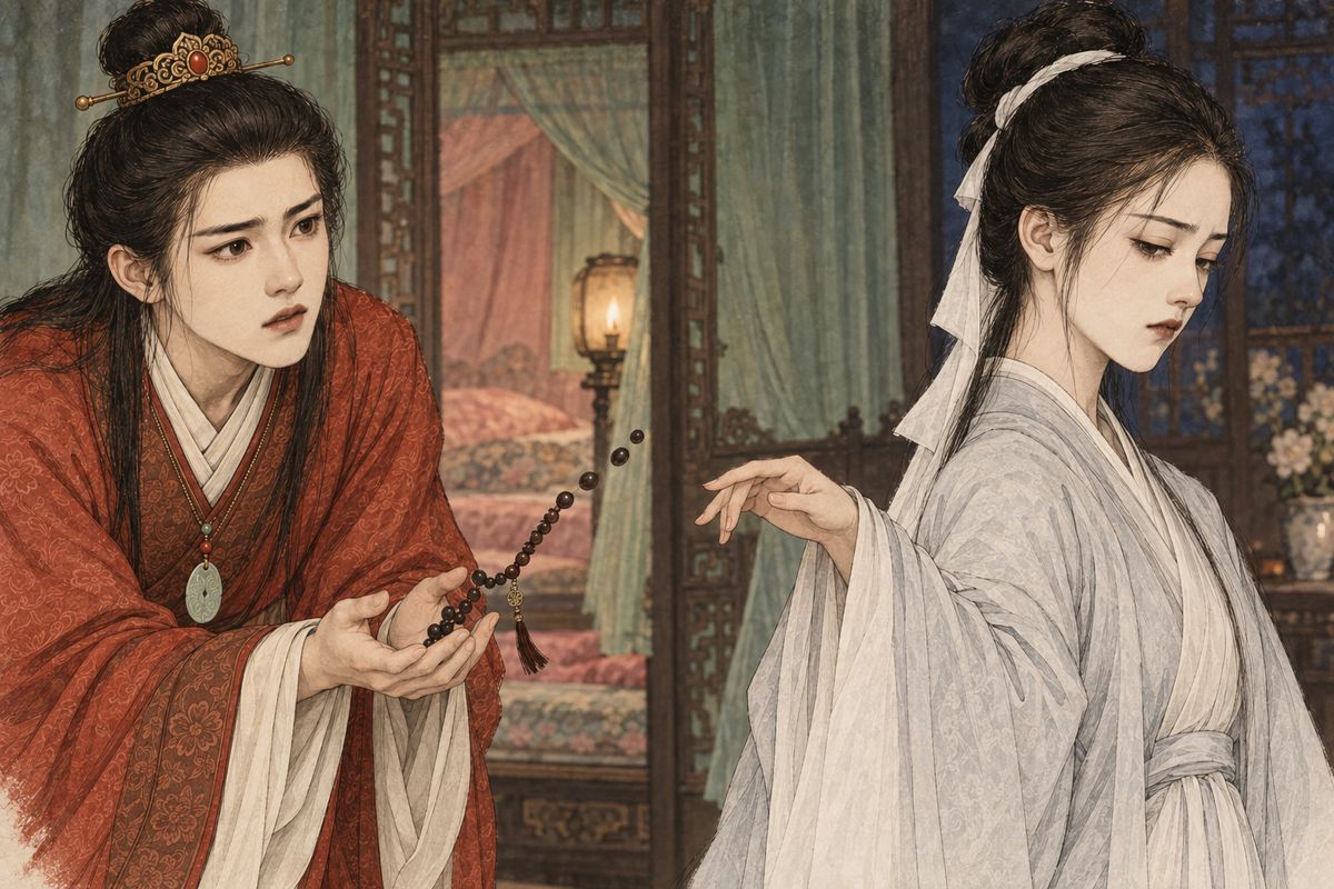 Jia Lian brought Daiyu home at last. Her father had been buried, and she was an orphan now. After tears she busied herself with her books and handed out brushes and paper. When Baoyu gave her the Prince's precious bracelet, she flung it back. 'Some stinking man has handled it! I don't want it.'