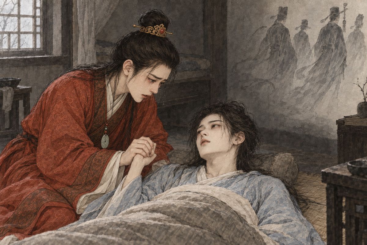 The elders marked out a vast garden across both mansions for the Consort's home visit. Then Mingyan brought word that Qin Zhong was dying. Ghostly officers had come for his soul, but at the name 'Baoyu' they let him back for a moment. He whispered, 'We thought ourselves wiser than the world. You must seek an official career,' and was gone.