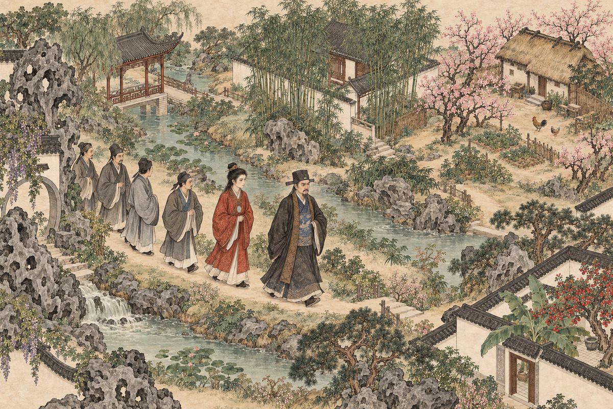 When the garden built for the Imperial Consort's visit was finished, Jia Zheng toured it with his literary guests and brought Baoyu along to test him. From the rockery to the bamboo lodge, the farmstead, the fragrant court and the crab-apple court, the guests offered stale names on purpose. Baoyu kept finding fresh ones, such as 'Seeping Fragrance' for the bridge pavilion.