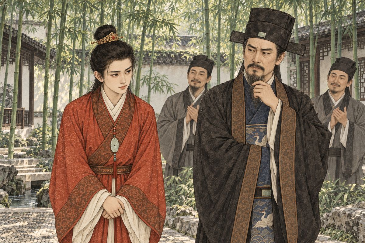 At the lodge in the bamboo grove, the guests' four-word names were all old borrowings. Baoyu said the first place the Consort entered should honour her, and proposed 'Where the Phoenix Alights'. The guests cheered. His father glared and scolded him, yet nodded, secretly pleased: "Beast! Beast! Peering at the sky through a tube."