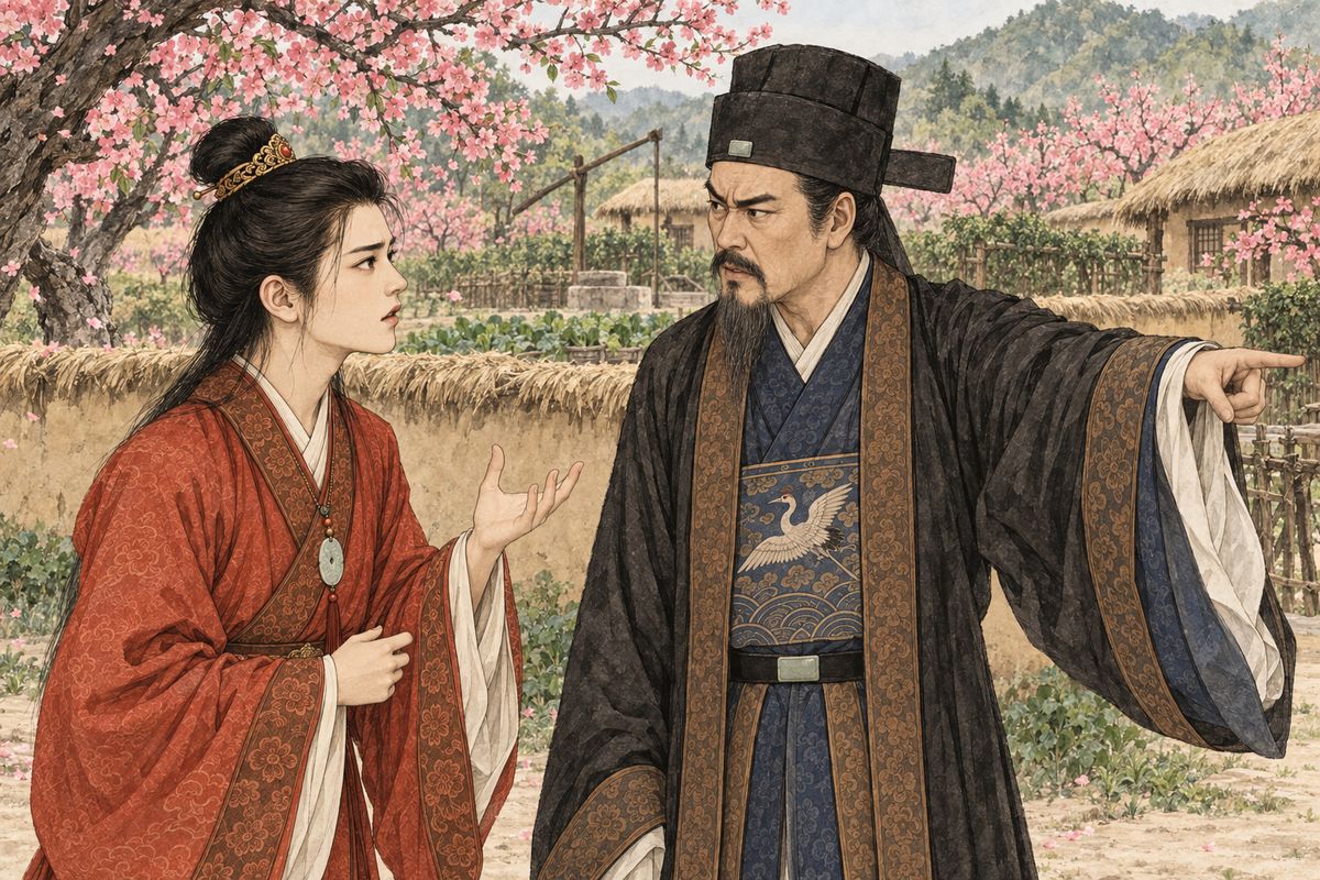 At the thatched farmstead Jia Zheng felt a longing for country life and asked Baoyu's opinion. Baoyu said the phoenix lodge was far better. The farm was a fake: no village nearby, hills with no ridge behind them, water with no source. "It is forced into a place where it does not belong." His father ordered him thrown out, then called him back to write a couplet.