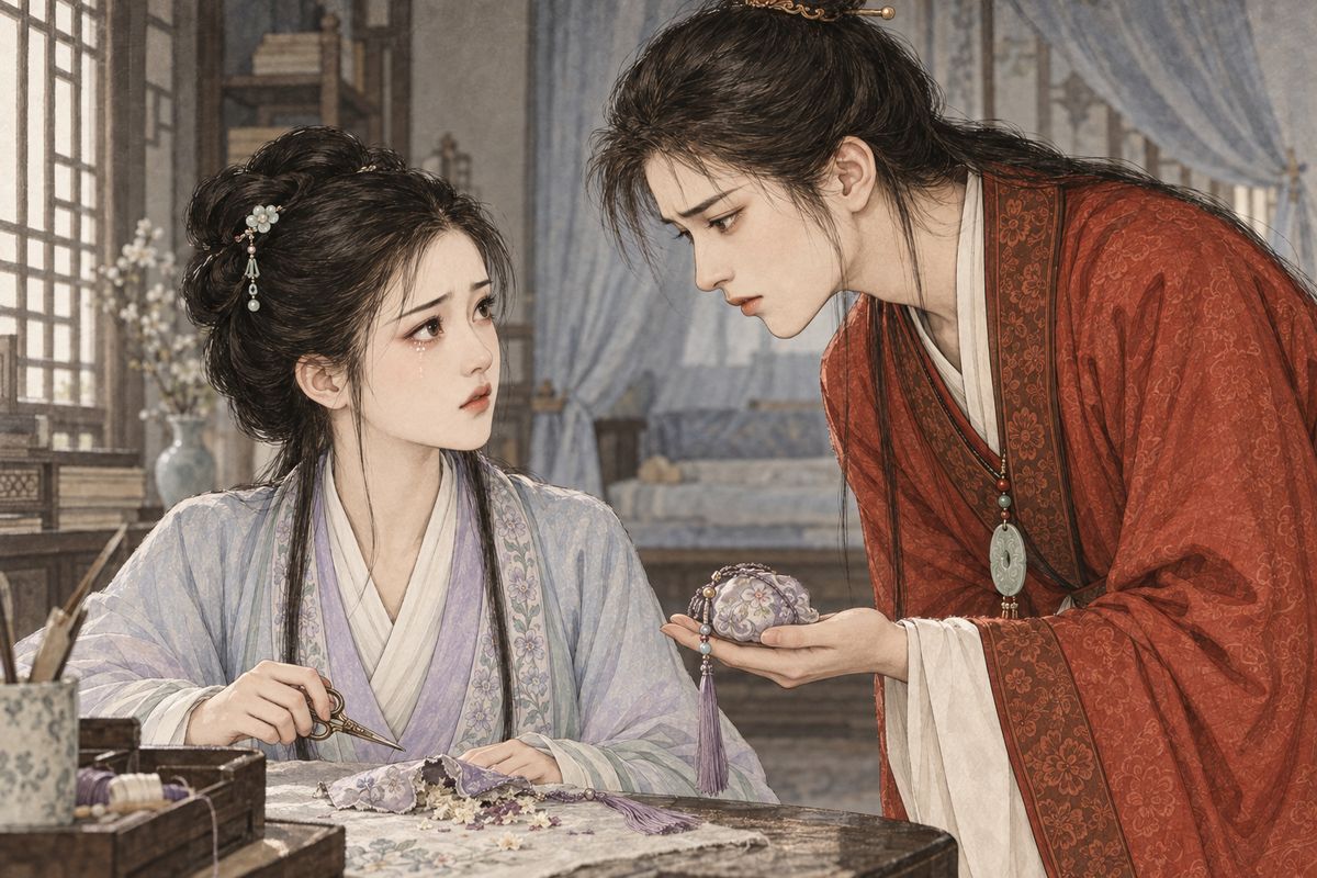Afterwards the pages stripped Baoyu of every trinket as their reward. Daiyu thought the purse she had made him was gone too. In a temper she cut up the sachet she was sewing for him. Then Baoyu drew her purse out from under his inner red jacket, where he kept it safe. She was ashamed and wept, and they quarrelled before laughing again.