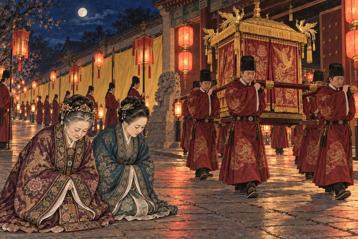 The Emperor allowed the Consort to visit home on the fifteenth of the first month, the Lantern Festival. From before dawn the family waited in full court dress. Only after dark did pairs of mounted eunuchs appear, then banners, incense burners, a golden umbrella, and at last the golden phoenix sedan. Grandmother Jia and the ladies knelt by the road.