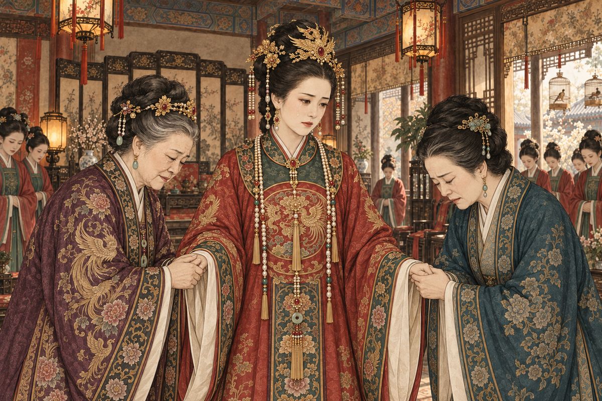 In Grandmother Jia's rooms, Yuanchun took her grandmother's hand and her mother's hand, and all three wept without a word. "You sent me to a place where I can see no one," she said at last. Through a curtain she told her father that poor families at least lived together. Then she held Baoyu close and cried again.