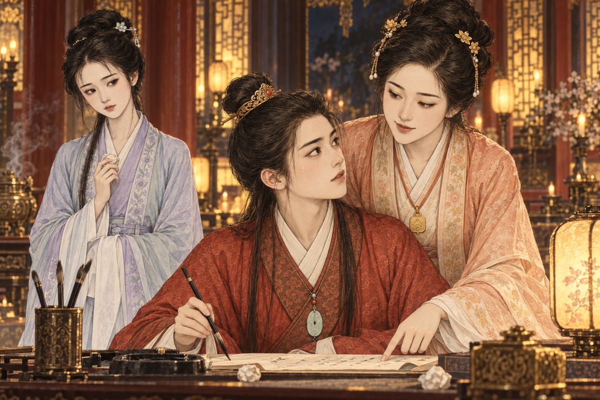 Yuanchun named the whole garden 'Grand View' and asked for poems. When Baoyu wrote 'green jade', Baochai quietly warned him that the Consort had just changed that phrase, and told him to write 'green wax' instead. Daiyu secretly wrote his last poem for him and flicked it over as a paper pellet. Yuanchun judged it the best of all.