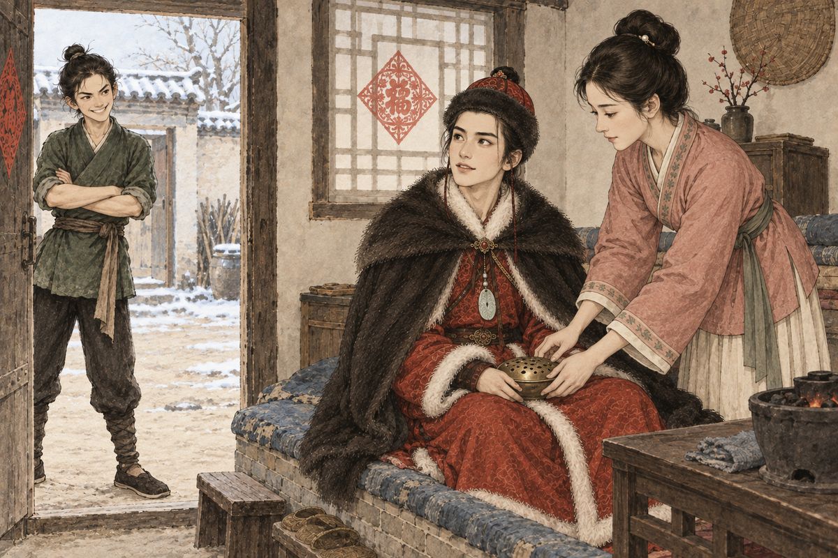 Bored by the noisy opera at the Ning mansion, Baoyu wandered off and caught his page Mingyan with a maid named Wan'er, and let the frightened girl run away. Then he made Mingyan take him secretly to Xiren's home. Her family crowded round in alarm, and Xiren, half-scolding, gave him her own cushion and hand-warmer.