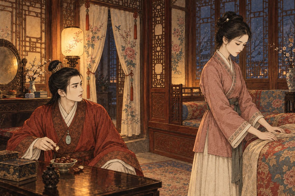 Back at home, Xiren found that Nanny Li had eaten the junket Baoyu had saved her, and smoothed it over by asking for chestnuts instead. While he peeled them by the lamp, she sighed that her mother meant to buy her freedom next year. Baoyu stopped peeling. "You're going home?"