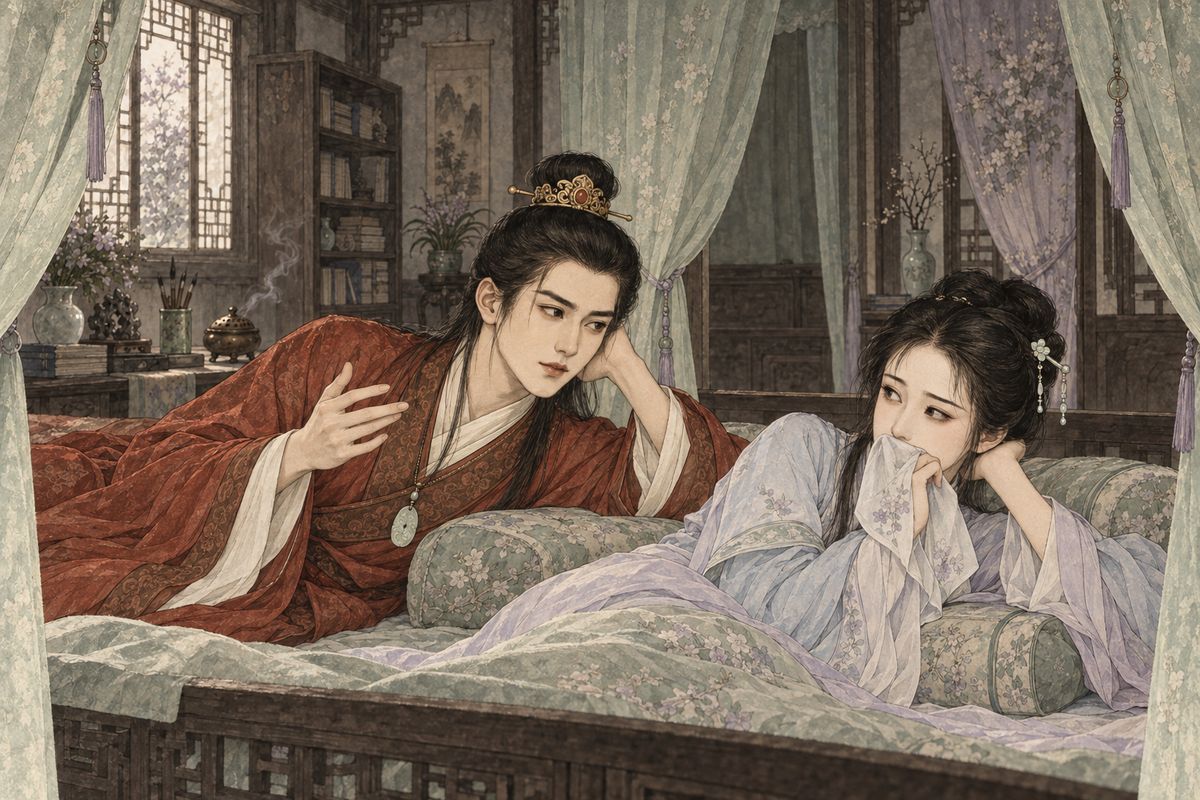 Next day Xiren lay ill with a chill, so Baoyu went to keep Daiyu from sleeping off her lunch. Sharing a pillow face to face, he made up a tale: a tiny rat-spirit volunteered to steal the 'fragrant taro', then turned into a lovely young lady, because the real 'fragrant jade' was Miss Lin.