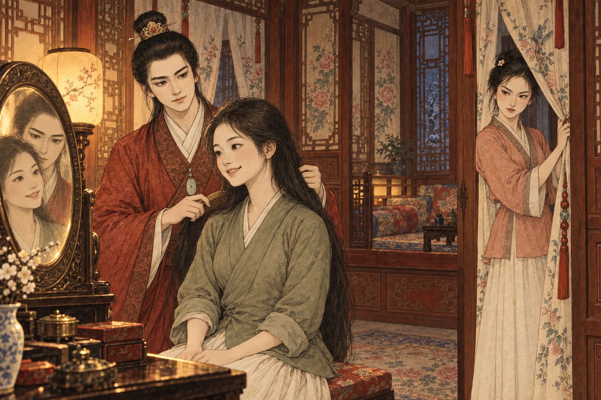 Daiyu pinched him for the tease, and Baochai joined in the joking, until Nanny Li's shouting broke out in Baoyu's rooms. She was cursing the sick Xiren as a scheming little hussy, until Xifeng coaxed her away. That evening Baoyu combed Sheyue's hair, and Qingwen, passing through, sneered at them.