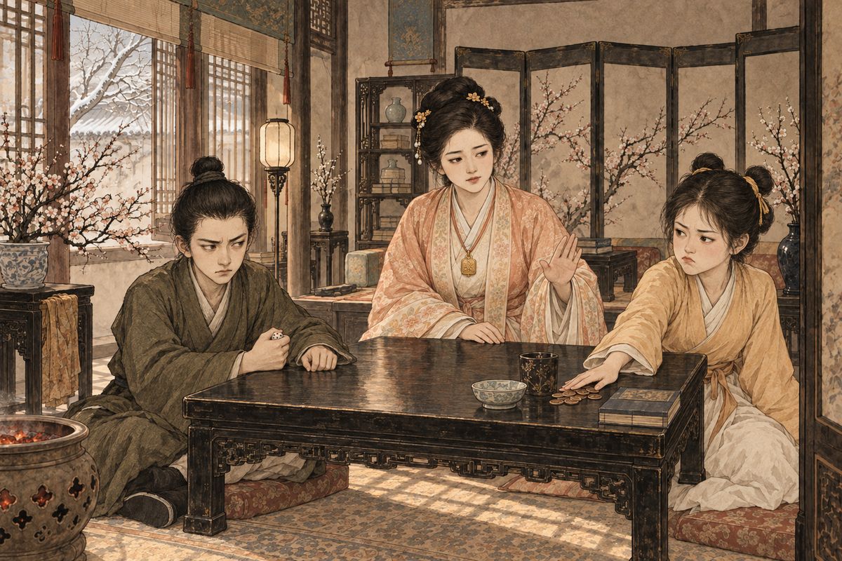 At Aunt Xue's, Jia Huan lost at dice to the maid Yinger, grabbed the die that showed a one, and claimed a six. Baochai made Yinger give way, but when Yinger grumbled he burst into tears. "You all bully me because I'm not Lady Wang's son." Baoyu sent him off, and at home his mother Concubine Zhao cursed him.