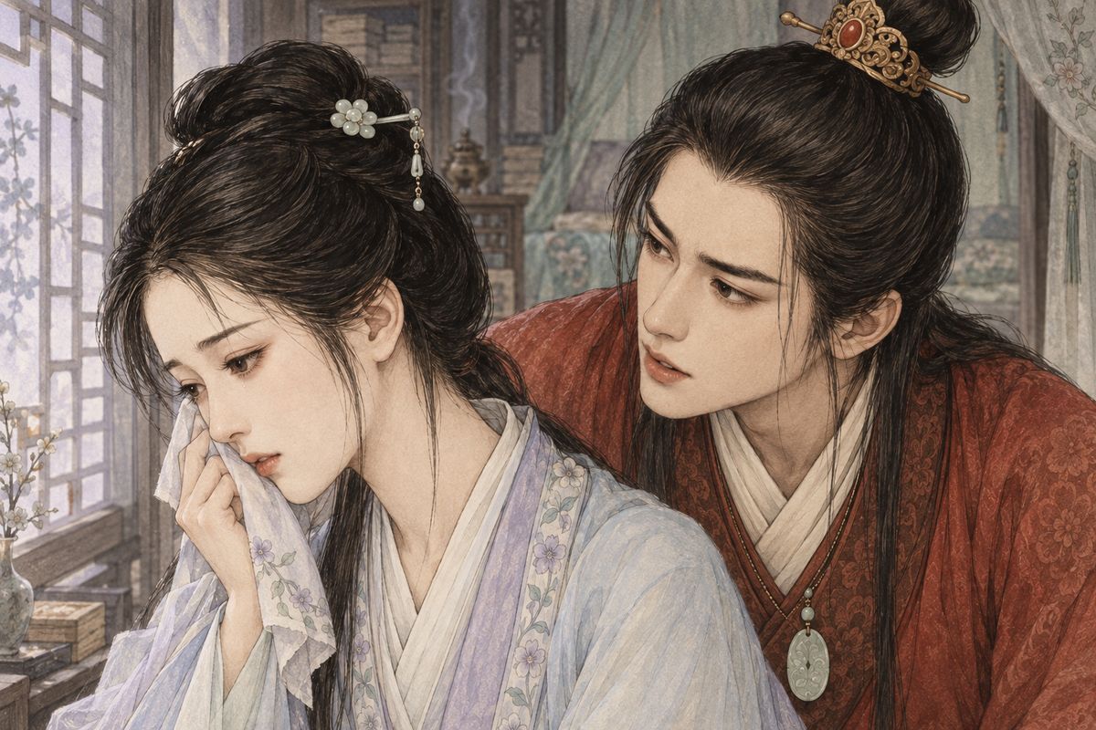 Hearing that Baoyu had been with Baochai, Daiyu stormed off and wept at her window. Baoyu followed and whispered the old rule that closer kin are not set aside for more distant, nor the first-comer for the new. She was his own cousin and had come first. Daiyu said she cared only about her own heart; he said he did too.