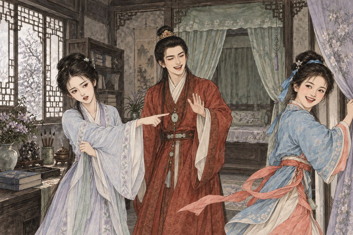 Just then Xiangyun ran in, complaining that they never played with her. Daiyu mocked her lisp: she couldn't even say 'Second Brother', only 'Ai Brother'. Xiangyun shot back, wishing Daiyu a lisping husband who would say 'ai' and 'e' in her ears all day. Everyone laughed, and Xiangyun turned and ran off.