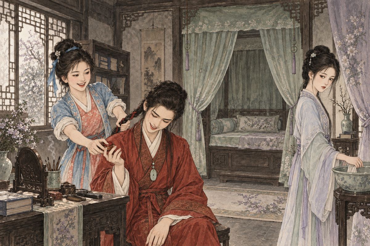 The morning after Xiangyun came to stay, Baoyu slipped into Daiyu's room before the girls were up. He washed in Xiangyun's leftover water and wheedled her until she braided his hair with pearls and red cord. When he lifted a pot of rouge towards his lips, she slapped it from his hand.
