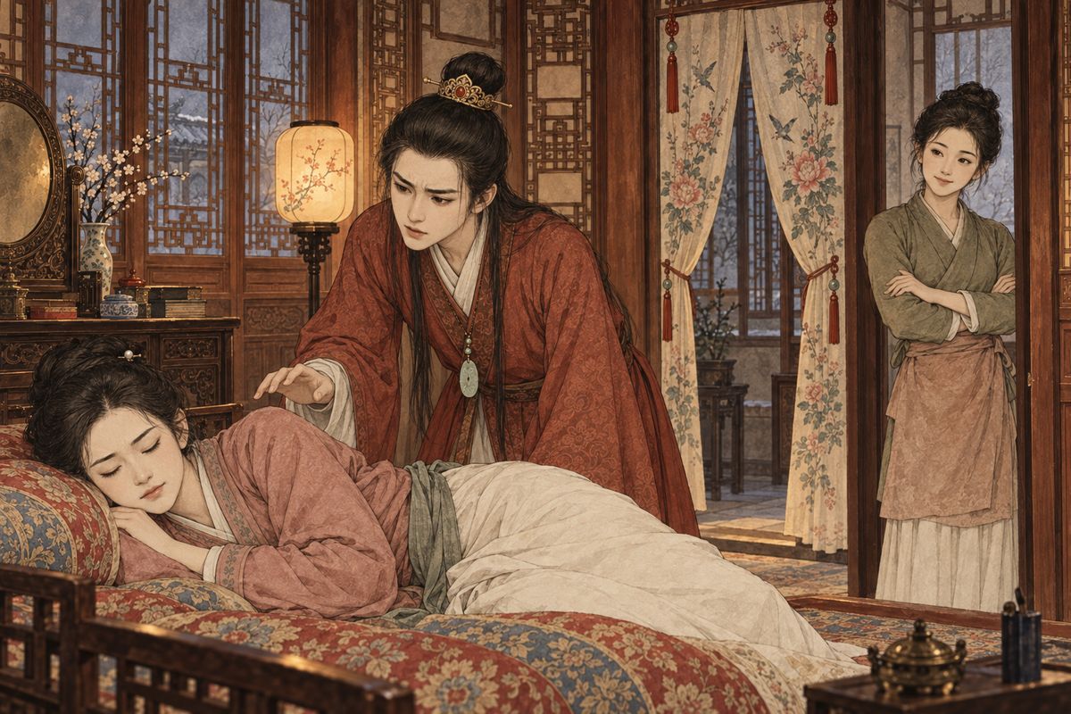 Xiren had seen it all, and told Baochai that even cousins should keep some limits. When Baoyu came home she would not speak; she lay down on the kang with her eyes shut and said he should find someone else to serve him. Even Sheyue shrugged: "Ask yourself."