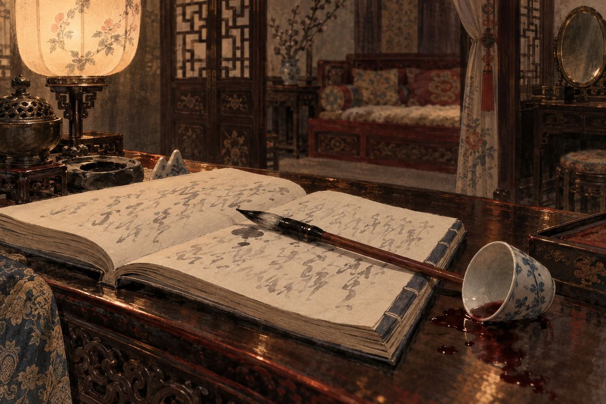 Sulking, Baoyu kept only a little maid near him and renamed her Sier, "Number Four", scorning her flowery name. That night, tipsy by lamplight, he read Zhuangzi and scribbled his own lines after it, wishing away all the girls who bound his heart. Next morning Daiyu found the page and wrote a mocking verse beneath.