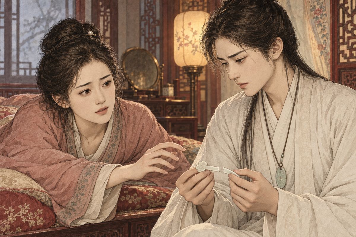 At dawn Baoyu found Xiren asleep in her clothes, still cold to him and quoting his own jibe about 'names disgraced'. He seized a jade hairpin from beside the pillow and snapped it in two: "If I don't listen to you again, may I end like this." She hurried to pick up the pieces, and they made peace.