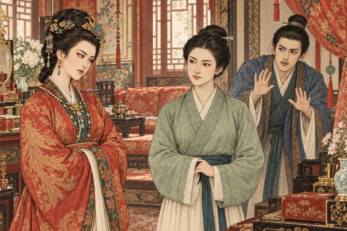 When Jia Lian moved back, Ping'er shook a lock of a woman's hair out of his pillowcase and hid it in her sleeve. Xifeng came in asking pointedly whether anything extra had turned up among his things. Ping'er smiled and swore there was nothing, while Jia Lian, behind his wife, went pale.