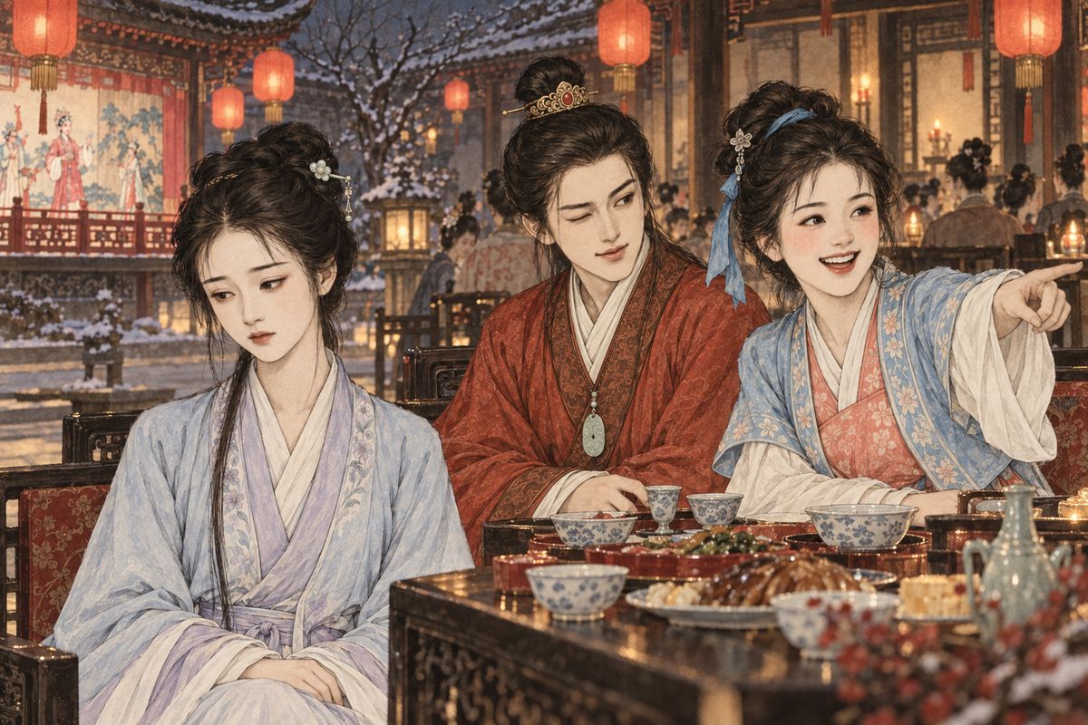 Grandmother Jia gave fifteen-year-old Baochai a birthday with a little opera. Afterwards Xifeng said the child actor looked like someone; Xiangyun blurted, "Like Cousin Lin!" Baoyu shot her a warning wink. That night Xiangyun packed to leave, angry that Daiyu must be humoured, and Daiyu shut her door on him, hurt at being likened to an actor.