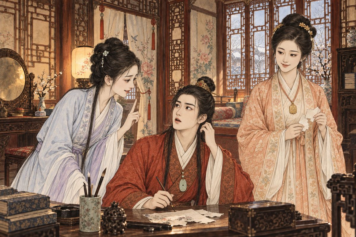 Rebuffed by both girls, Baoyu wept and wrote a Buddhist verse, declaring he would come and go 'naked, with no ties'. Baochai blamed herself and tore it up; Daiyu led her and Xiangyun to his room and asked, "What is precious about you? What is firm?" Baoyu could not answer, and the girls laughed him out of his Zen.