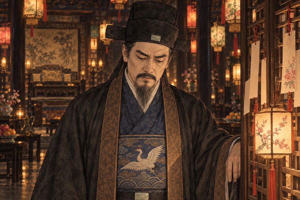 At the Lantern Festival Jia Zheng read the girls' riddles on the screen: a firecracker, an abacus, a kite, a temple lamp, and Baochai's joss-stick. Each seemed an omen of a brief or lonely fate. Grandmother Jia sent him to bed; he lay awake all night in grief.