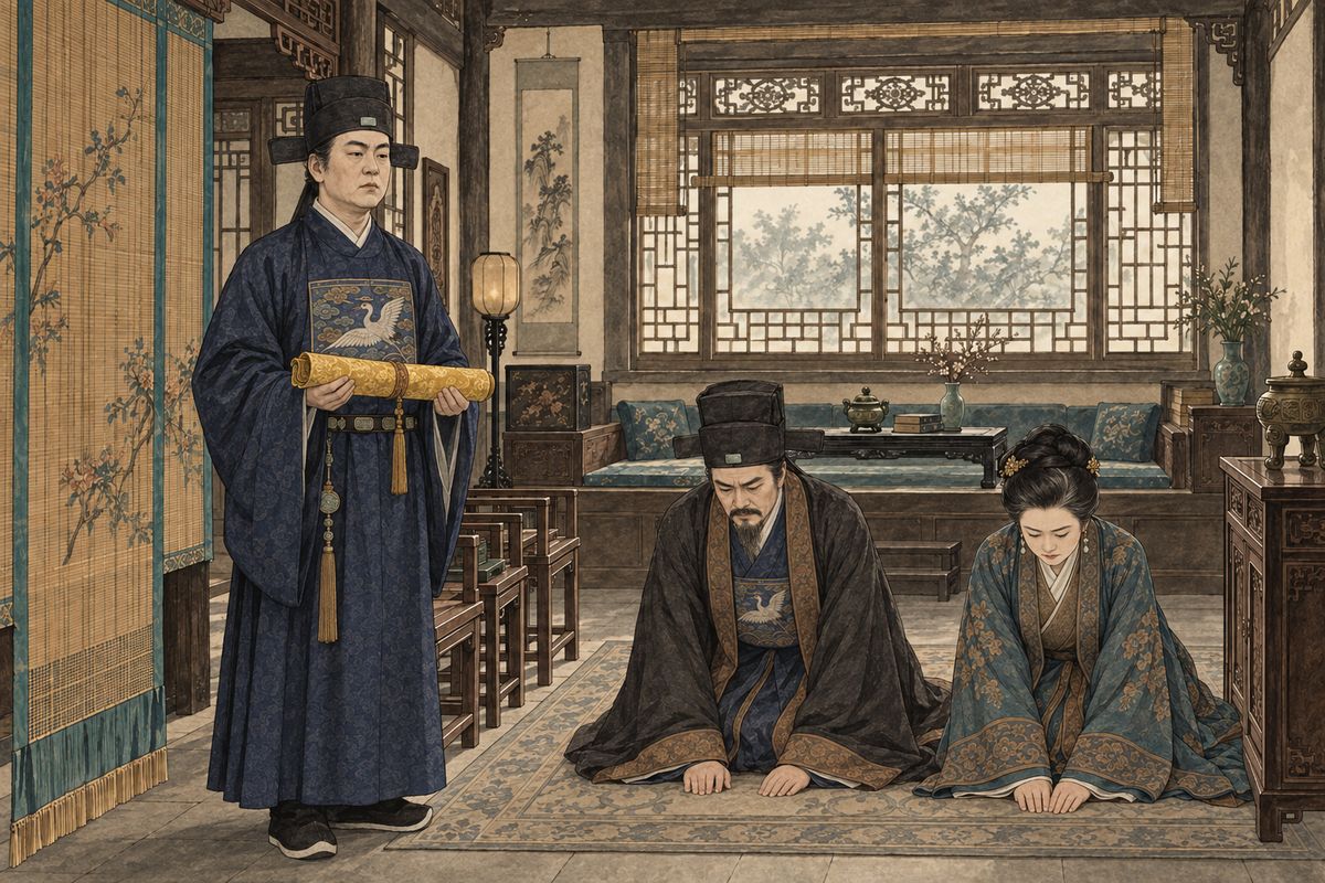 Back in the palace, Yuanchun had the garden poems copied and carved in stone, while Xifeng quietly won Jia Qin charge of the little monks and nuns at Iron Threshold Temple. Then the eunuch Xia Shouzhong brought an edict: the girls were to live in Prospect Garden, and Baoyu was to go in with them to study.