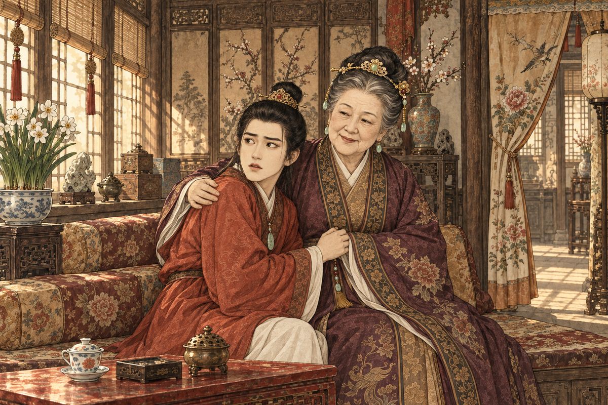 Baoyu was wild with joy, until a maid said his father wanted him. He went pale and twisted against Grandmother Jia like a stick of pulled candy, refusing to go. She soothed him and sent two old nurses along: "Mind his father doesn't frighten him."