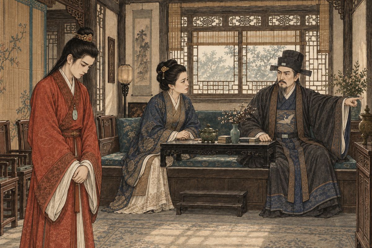 Jia Zheng softened at the sight of his only living son by Lady Wang, and merely told him to study hard. But hearing a maid called Xiren, 'the one who assails', he grew cold. Baoyu admitted he took it from a line of poetry. "Out, you wretch!" his father barked.