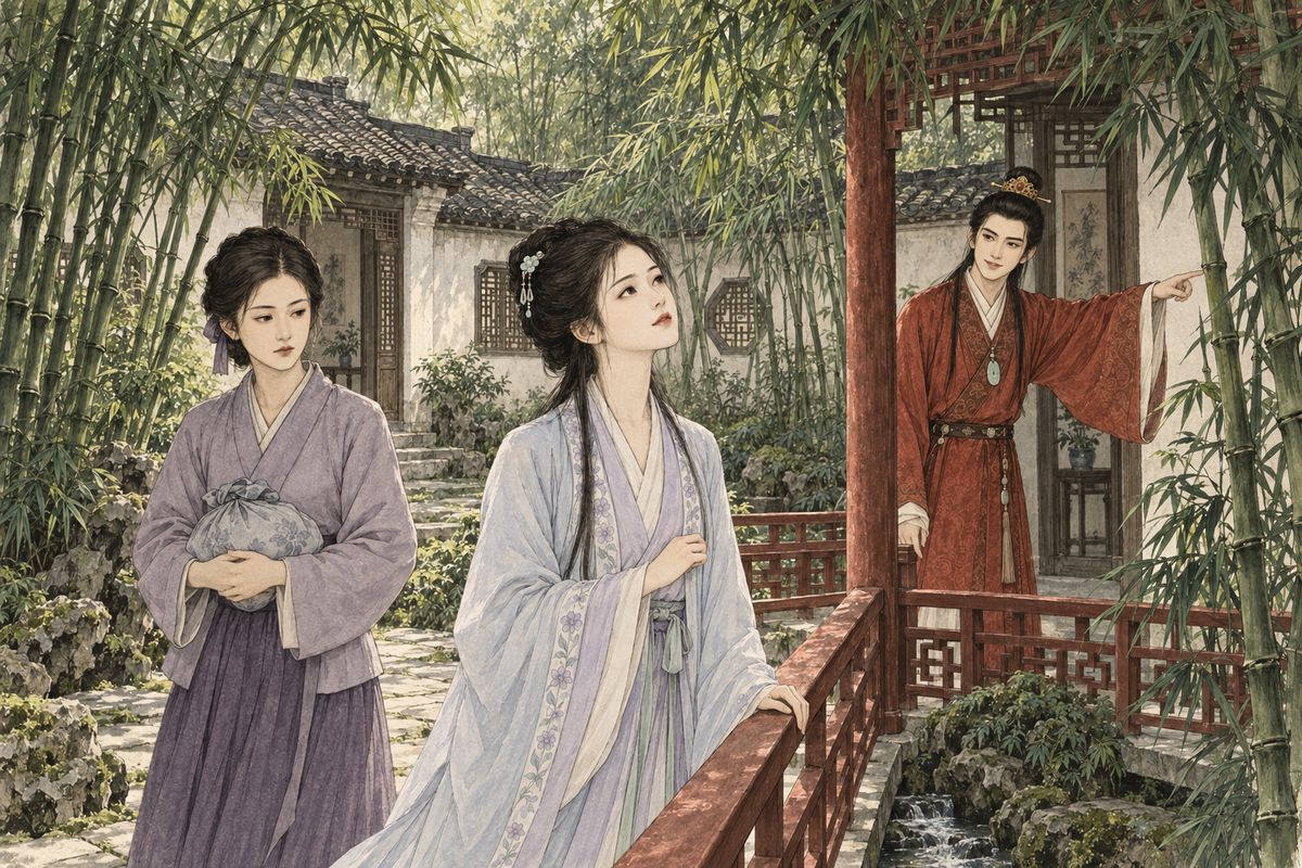 Daiyu chose Bamboo Lodge for its quiet bamboo and winding railing; Baoyu clapped and took Happy Red Court close by. On the twenty-second of the second month the young people moved in, Baochai to Alpine Court, the Jia girls and Li Wan to their own retreats, and the garden came alive.