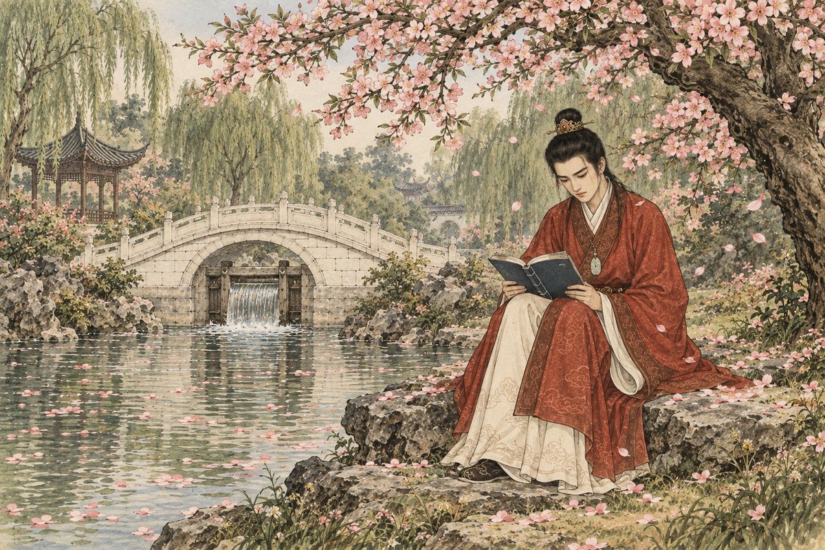 Baoyu was happy for a while, and his little garden poems were copied onto fans all over town. Then he grew restless and moody. His page Mingyan smuggled him romances and plays, and one mid-spring morning Baoyu sat under a peach tree by the sluice to read The Western Chamber.