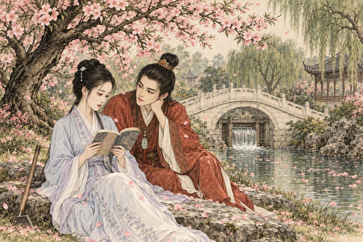 As he carried petals to the stream, Daiyu came with a hoe and silk bag: water carried flowers to dirty places, she said, so she buried them in her flower grave. Baoyu tried to hide his book, then gave it up. She read all sixteen scenes in the time of a meal, spellbound.