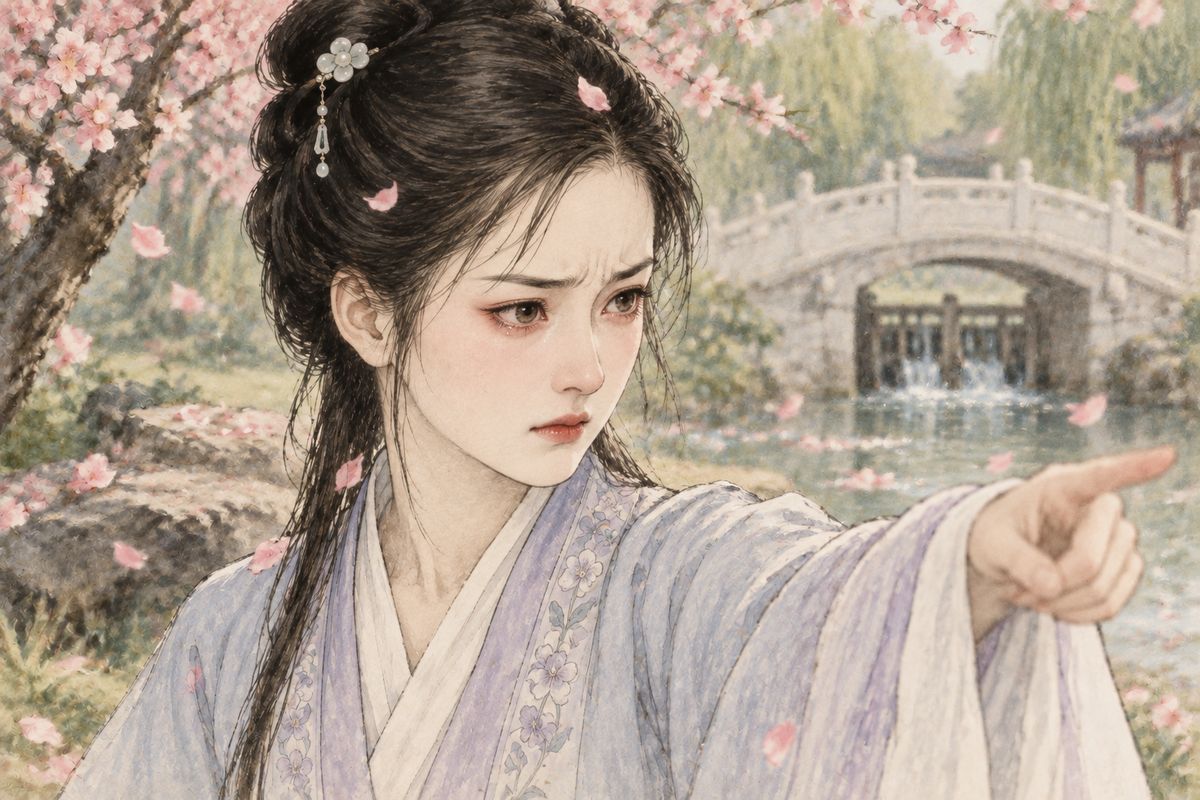 "I'm the one 'sick with longing'," Baoyu grinned, quoting the play, "and you're the beauty who 'topples cities'." Daiyu flushed to her ears. She called it filthy talk meant to bully her, swore she would tell her uncle and aunt, and her eyes reddened as she turned to go.