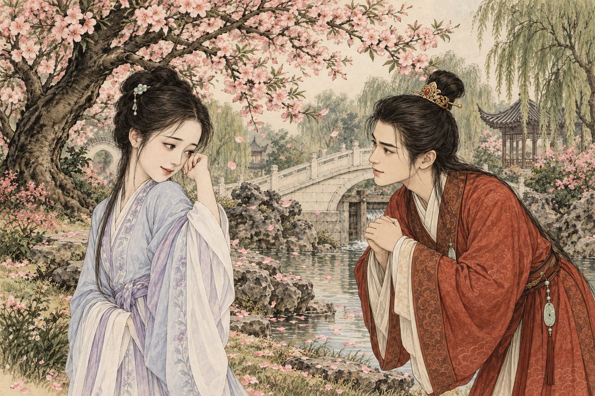 Baoyu blocked her path and swore, if he meant to bully her, to become a turtle and carry her tombstone forever. She burst out laughing and teased him back with a line from the play. They buried the petals together before Xiren came to fetch him away.