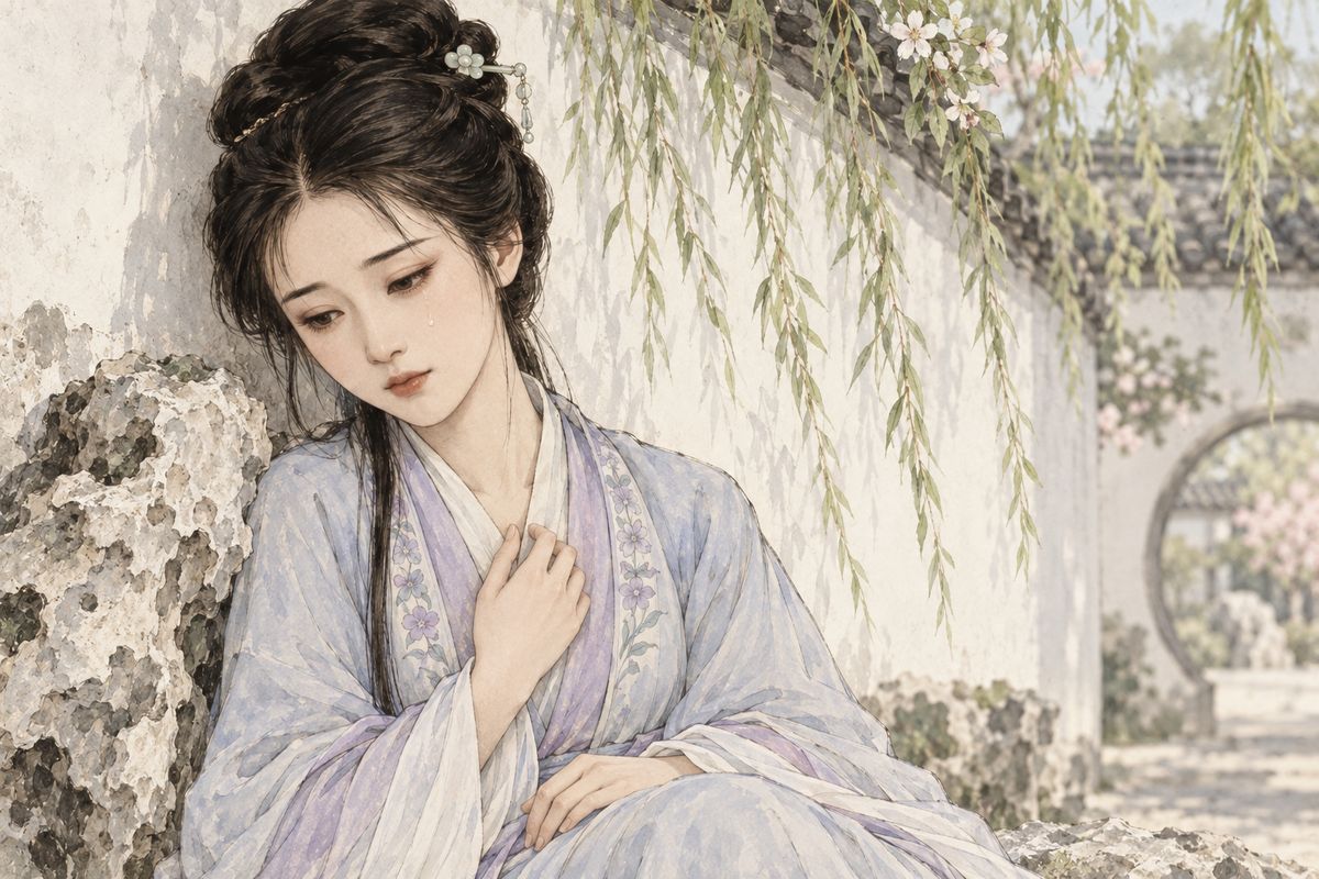 Walking home alone past Pear Fragrance Court, Daiyu heard the young actresses rehearsing The Peony Pavilion: "Flowerlike beauty, years like flowing water." The words joined lines from old poems and The Western Chamber in her mind. She sank onto a stone, heartsick, and wept.