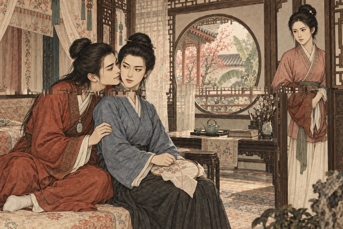 In Happy Red Court, Baoyu found Grandmother Jia's maid Yuanyang bent over Xiren's needlework. He pressed his face to her neck and begged to taste the rouge on her lips. Yuanyang called for Xiren, who warned him he could not go on like this, and hurried him into his clothes.